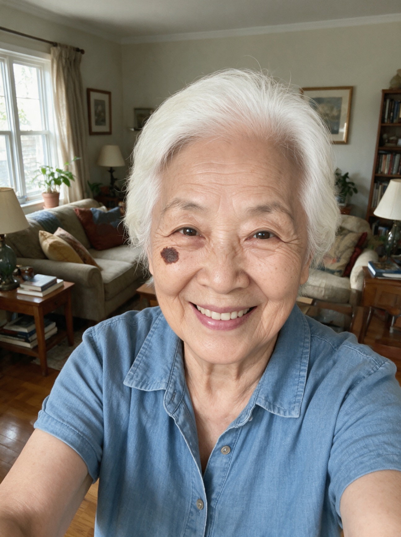 Grandma Hannah smiling in a cozy living room